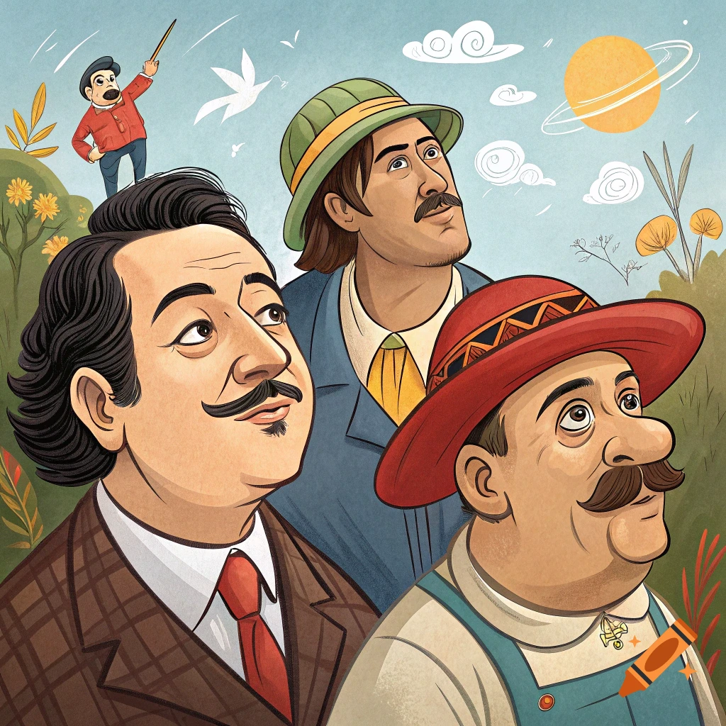 Four cartoon men look up towards a sky with a ringed sun, in an illustrated style.