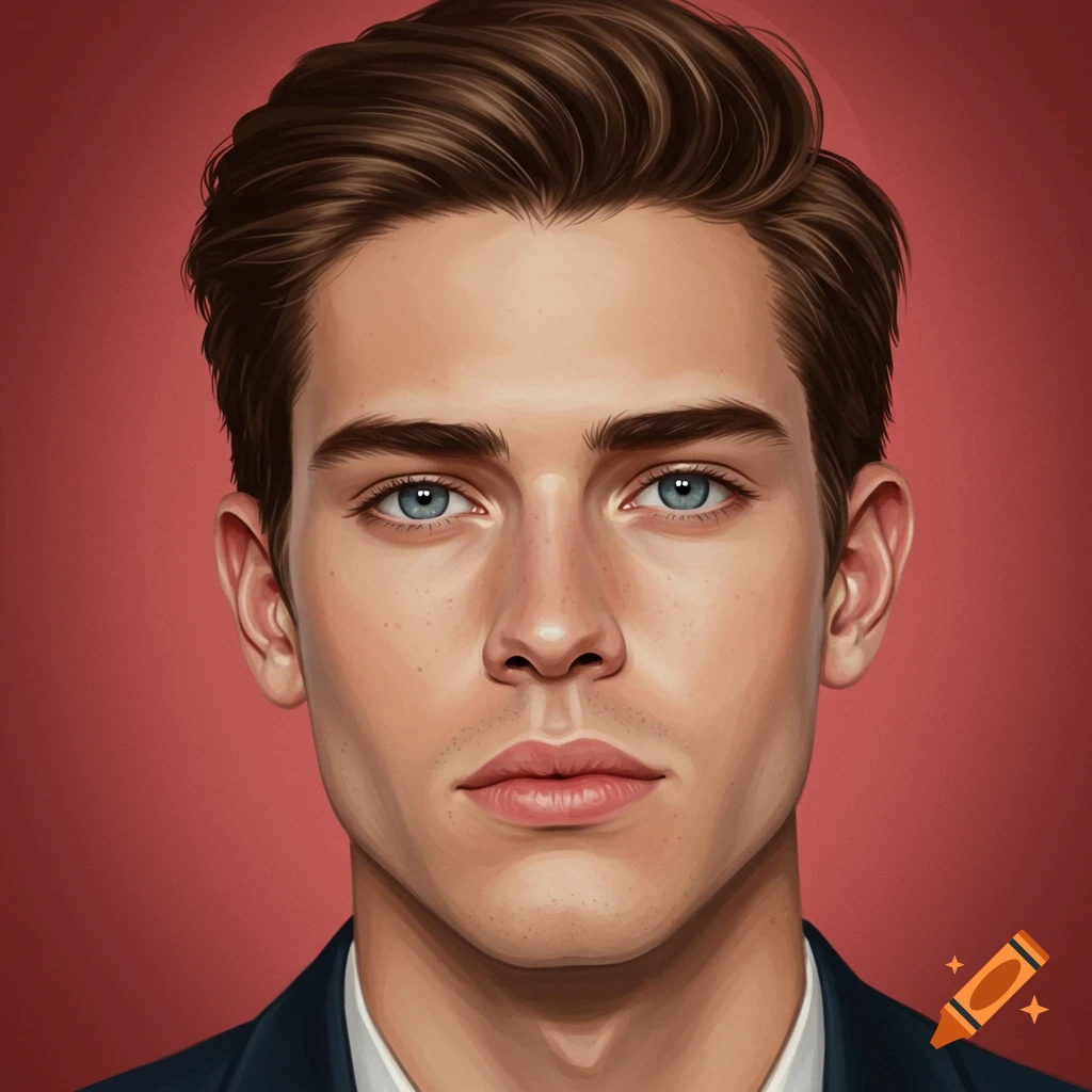 Portrait of a young man with brown hair and blue eyes.
