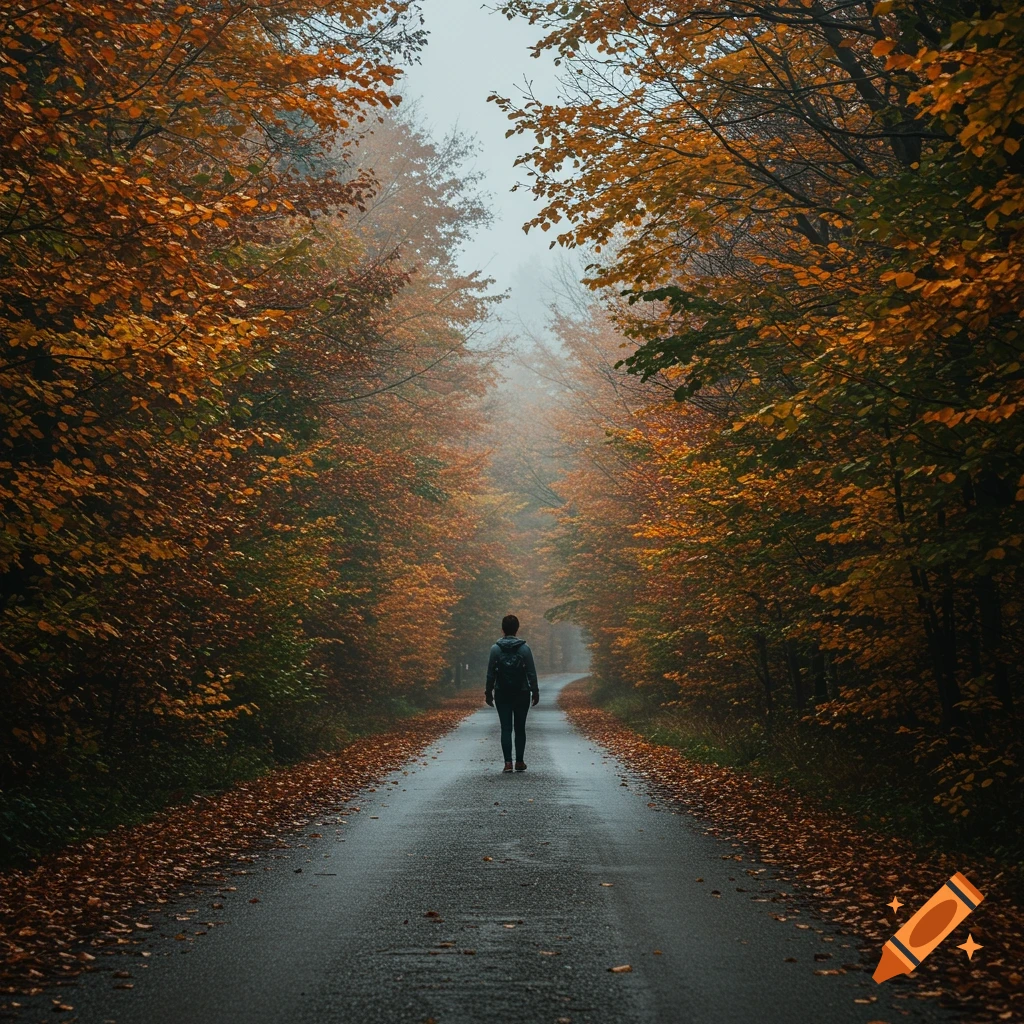 A person walks down a misty road lined with trees in autumn colors.