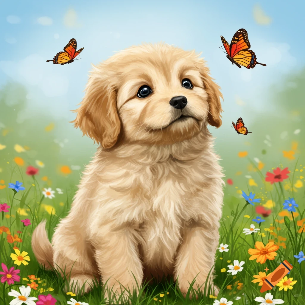 An adorable golden puppy sitting in a field of colorful flowers with butterflies flying around.