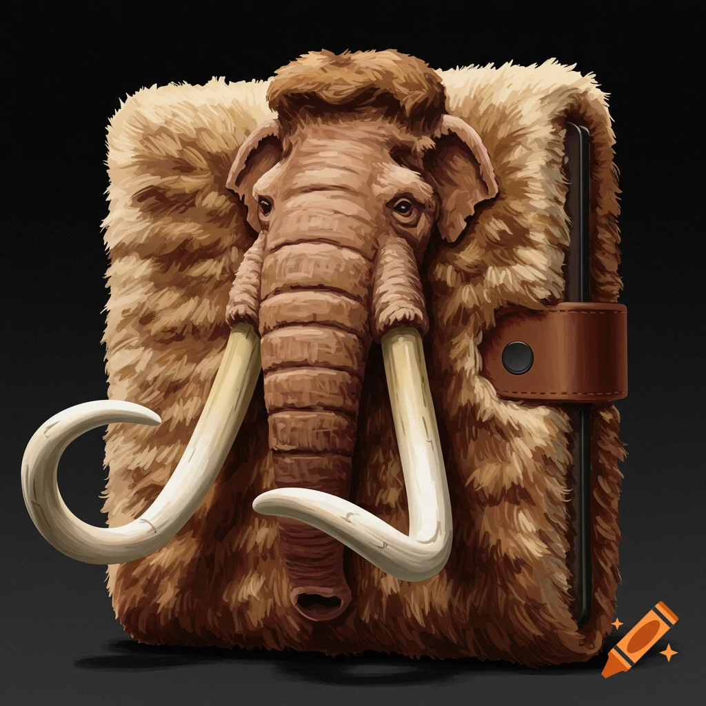 An object covered in fur with a mammoth head and tusks.