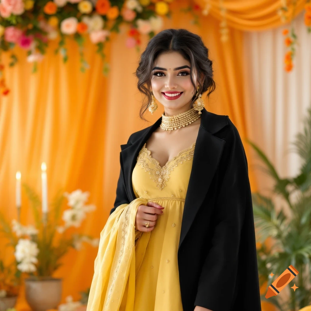A young woman in a yellow dress and black blazer smiles in front of an orange backdrop decorated with flowers.