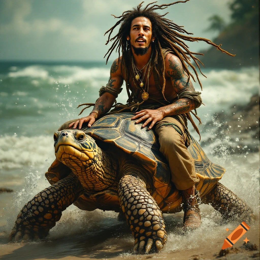 Person with dreadlocks rides a giant turtle on a sandy beach by the ocean, photorealistic style