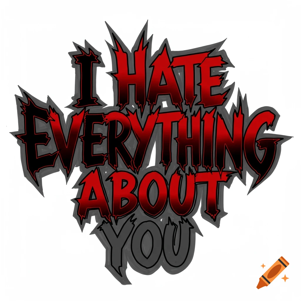 Stylized drawing of the phrase 'I HATE EVERYTHING ABOUT YOU' in jagged black, red, and gray letters.