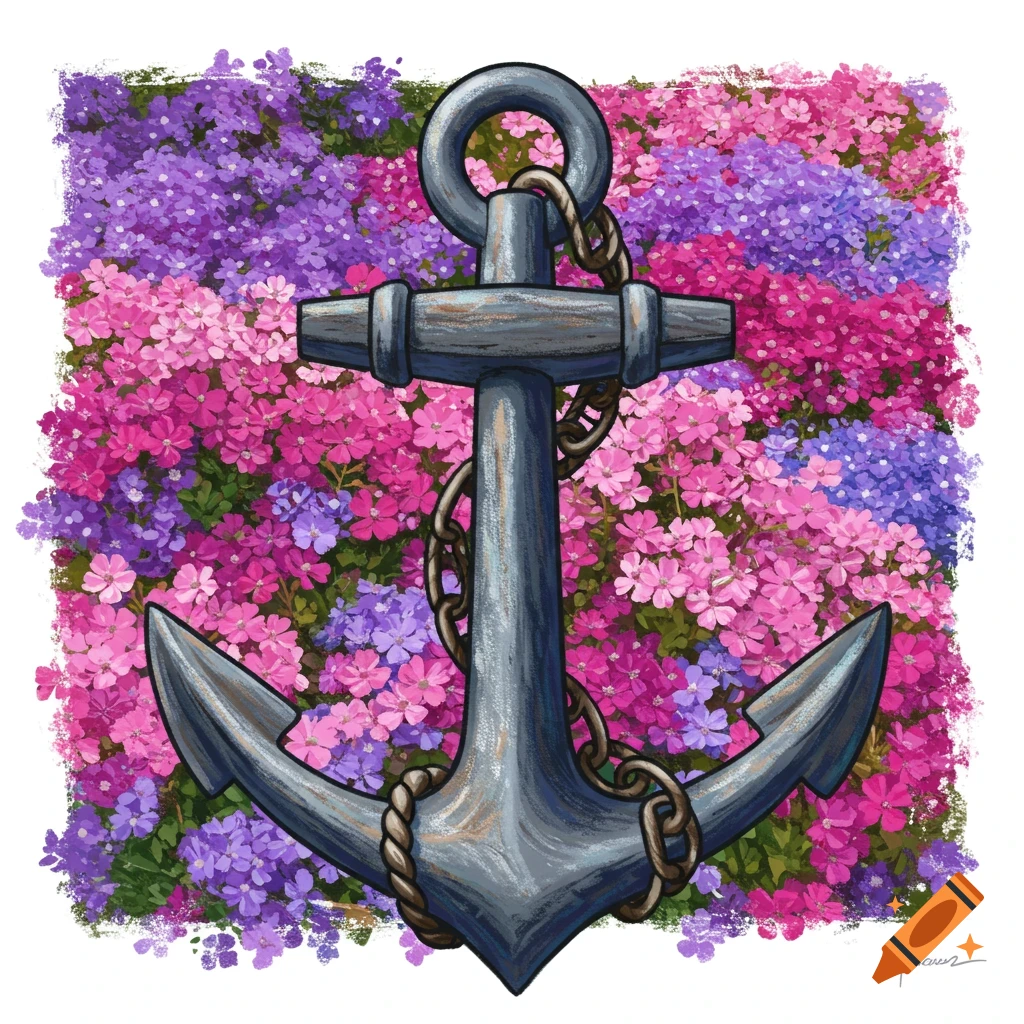 A grey anchor with chains and rope in front of a background of pink, purple, and blue flowers.