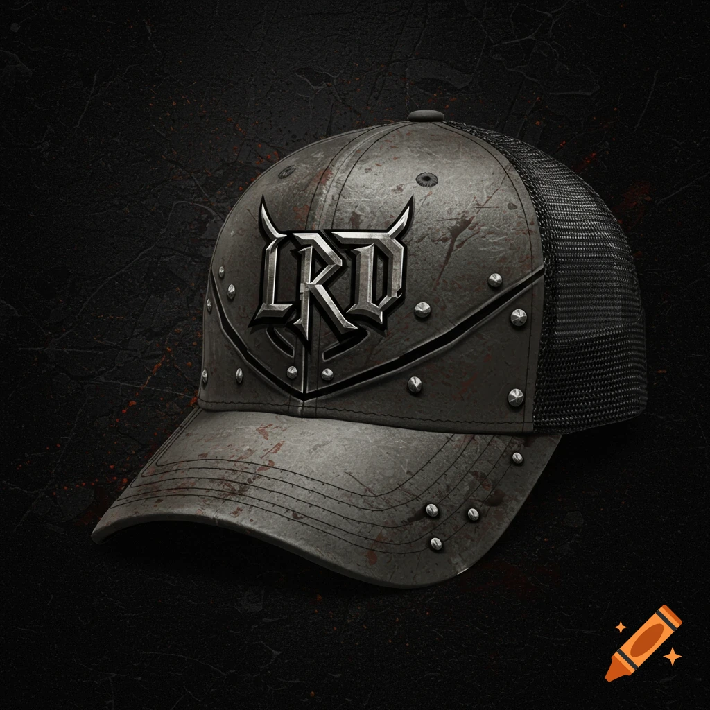 Distressed metal trucker cap with an LRD logo in a military knight style on a dark background.