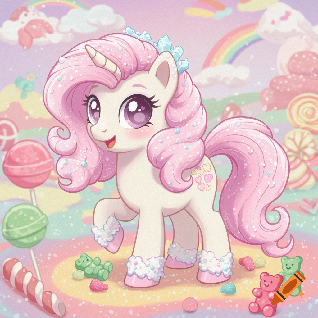 A cartoon illustration of a pink and white pony with sparkling mane and tail standing in a candy landscape with lollipops and gummy bears.
