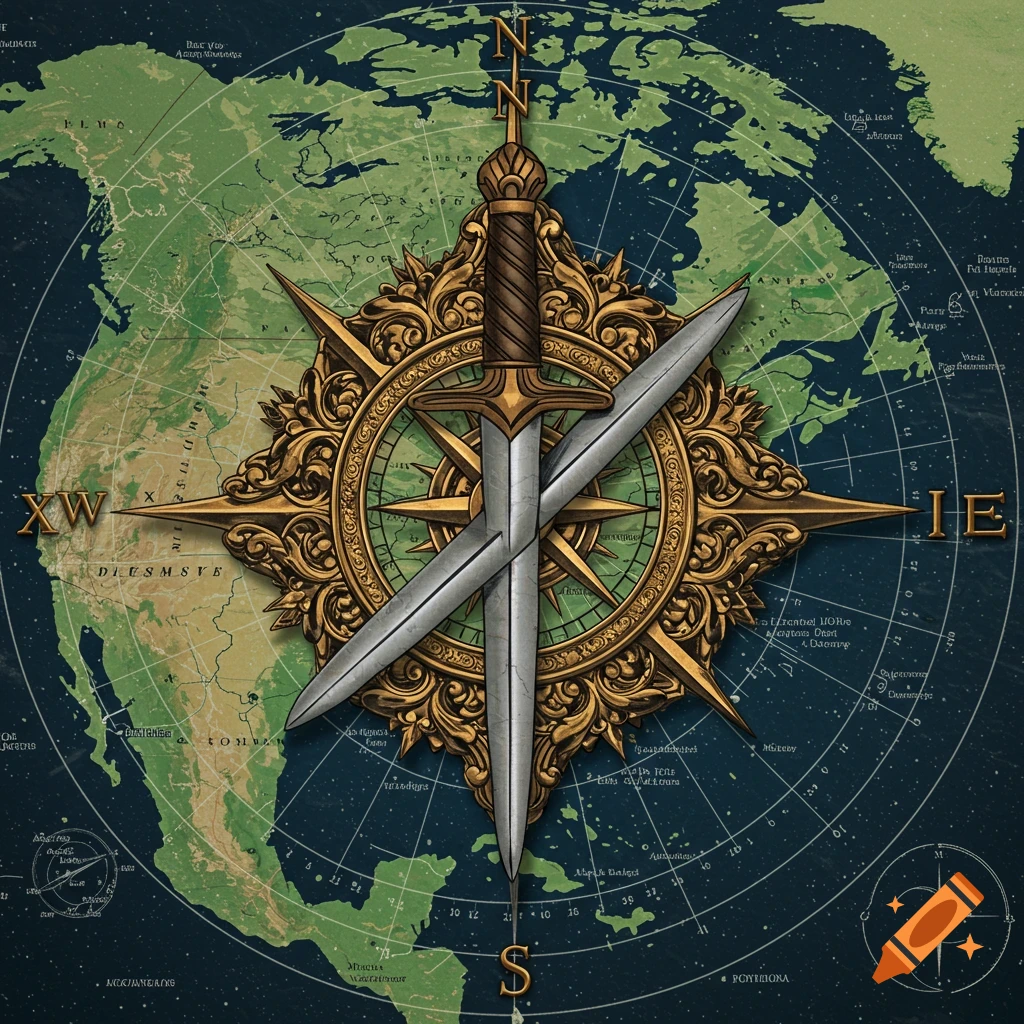 A vintage map background with a detailed gold compass and two swords centered over it.