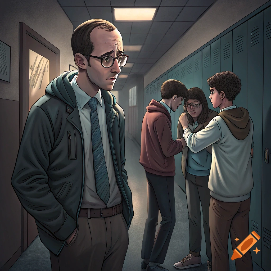 Illustrated image of a man looking sad in a school hallway with students nearby.