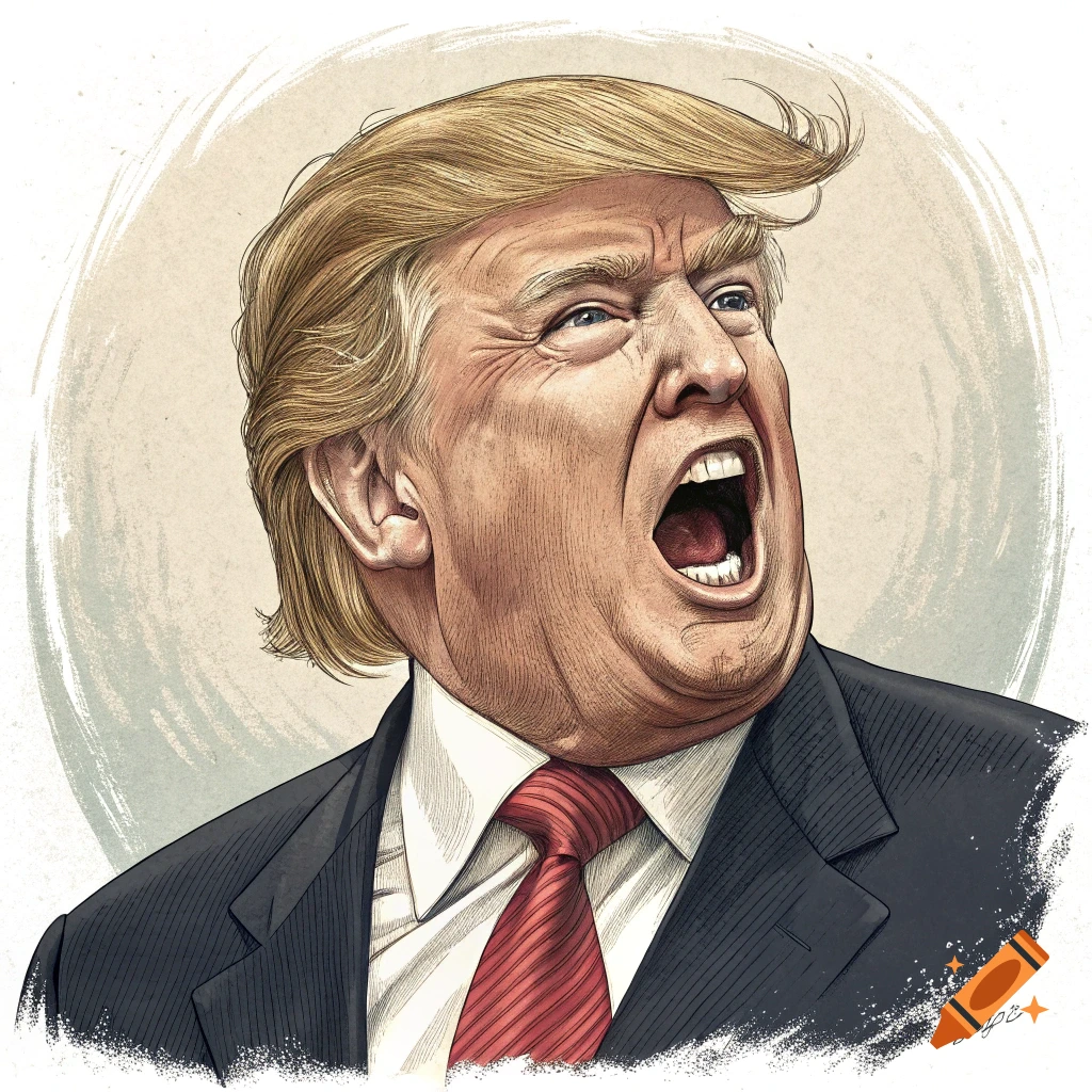 Caricature drawing of Donald Trump shouting with his mouth wide open.