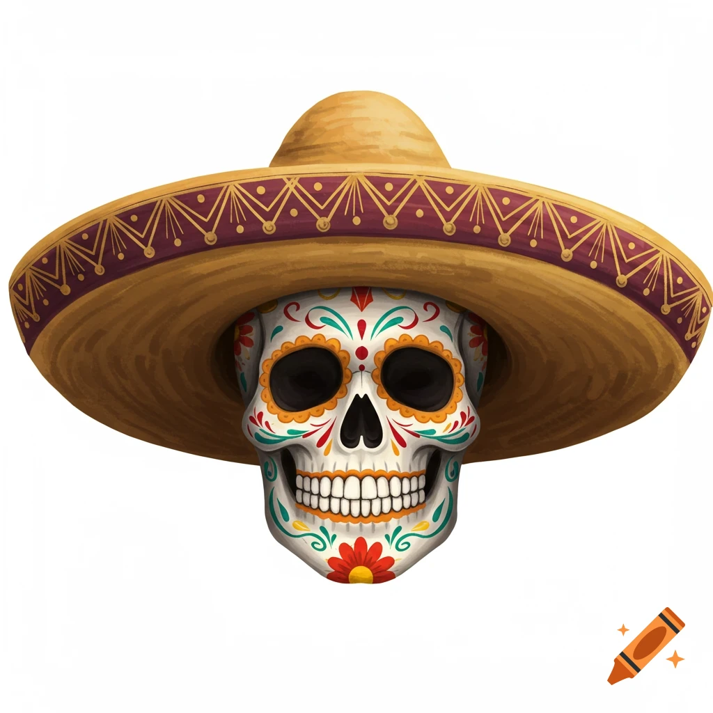 A decorated sugar skull wearing a sombrero.