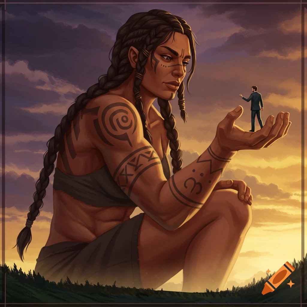 A giant tribal woman holds a small man in her hand at sunset.