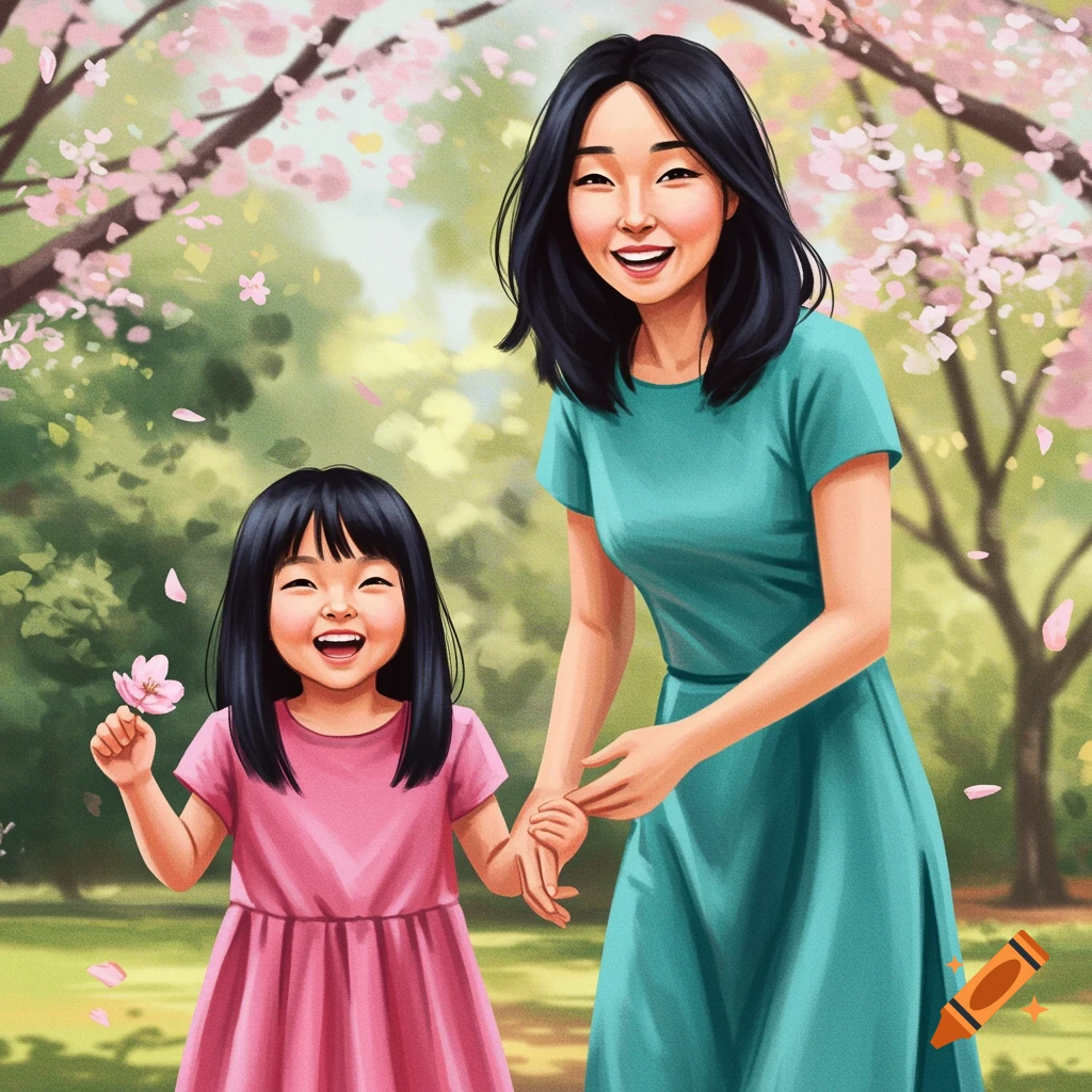 Illustrative image of a mother and daughter holding hands in a park with cherry blossoms.
