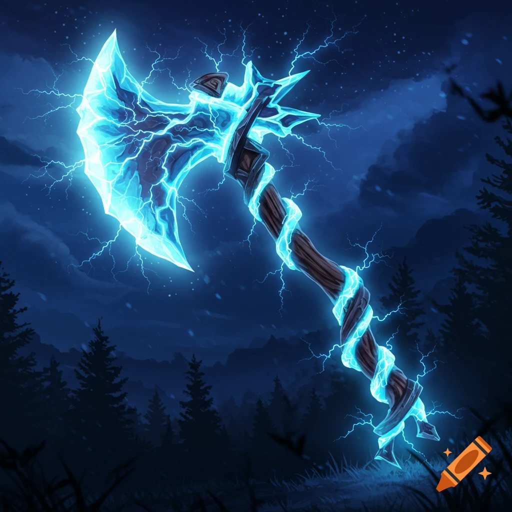 A glowing lightning axe against a dark forest and night sky.