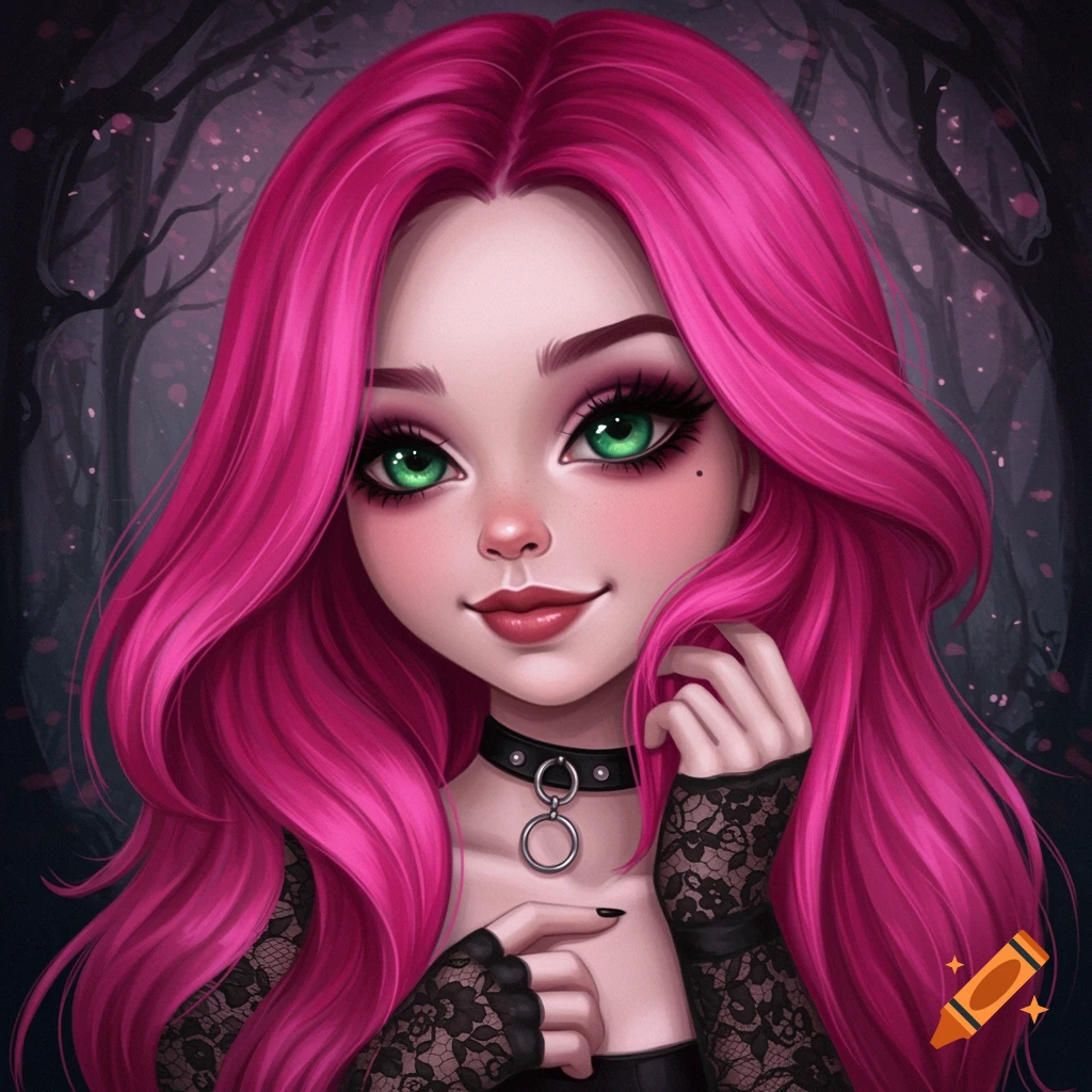 A gothic girl with pink hair and green eyes.