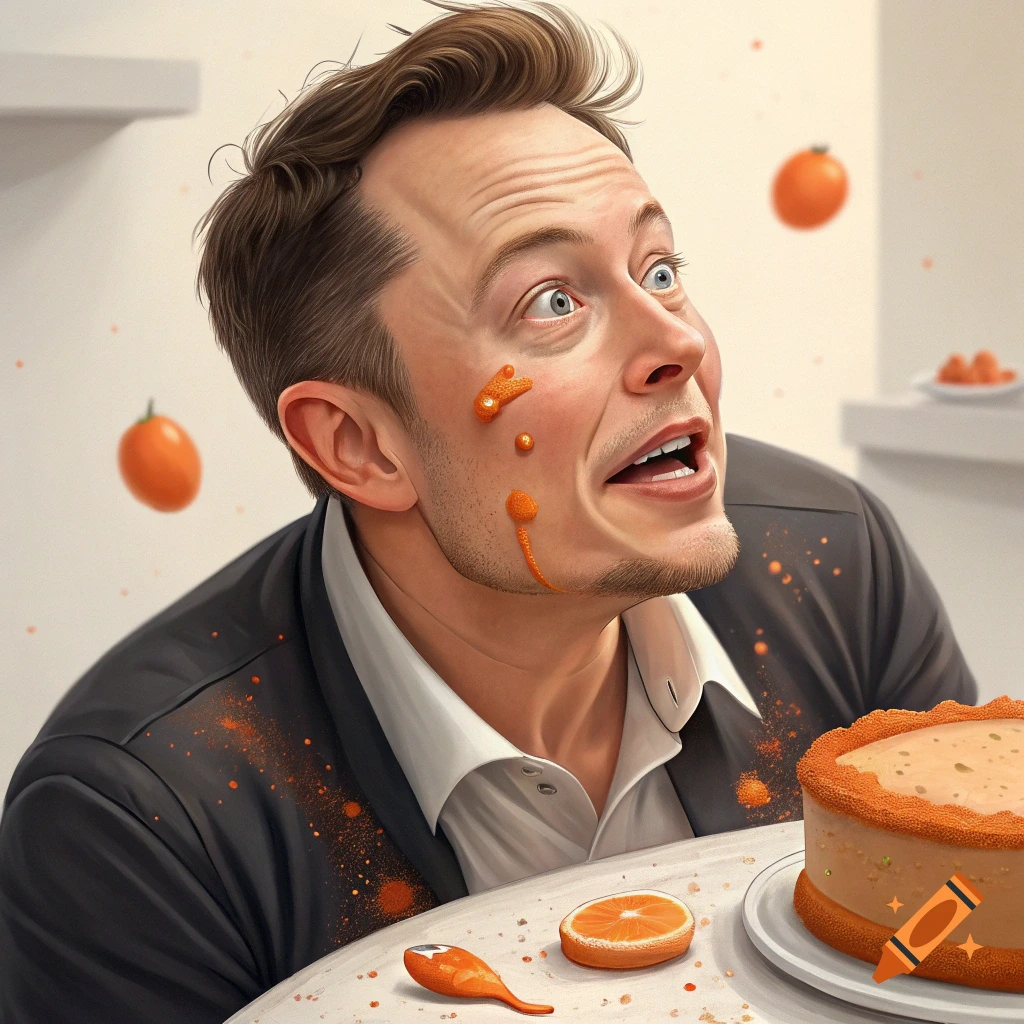 Photorealistic portrait of Elon Musk with orange icing splattered on his face, looking surprised next to a cake.