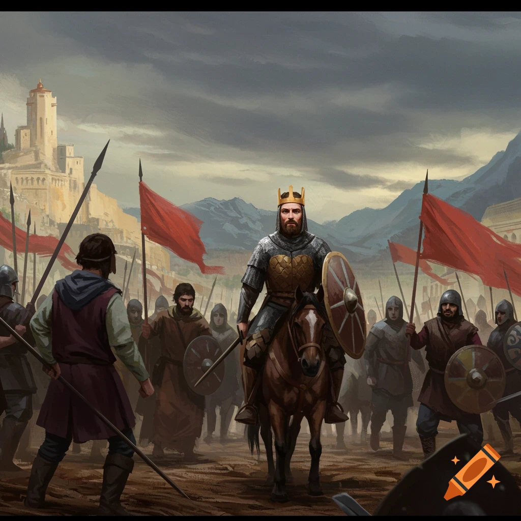 A king on horseback leads soldiers with red flags before a castle.