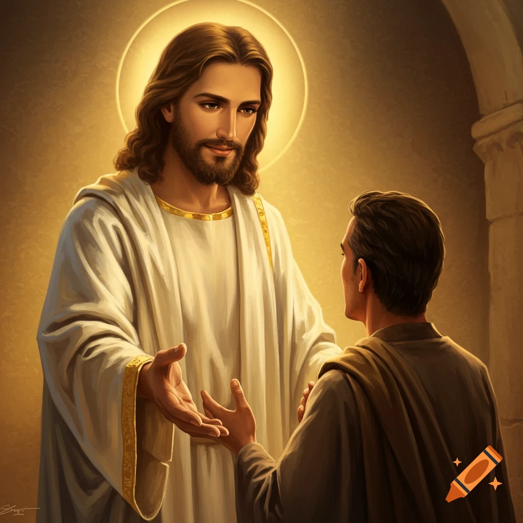 Jesus reaching out to a person in a room with arches.