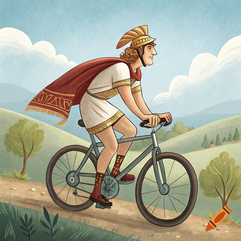 Illustration of a man dressed as an ancient general riding a bicycle on a dirt path