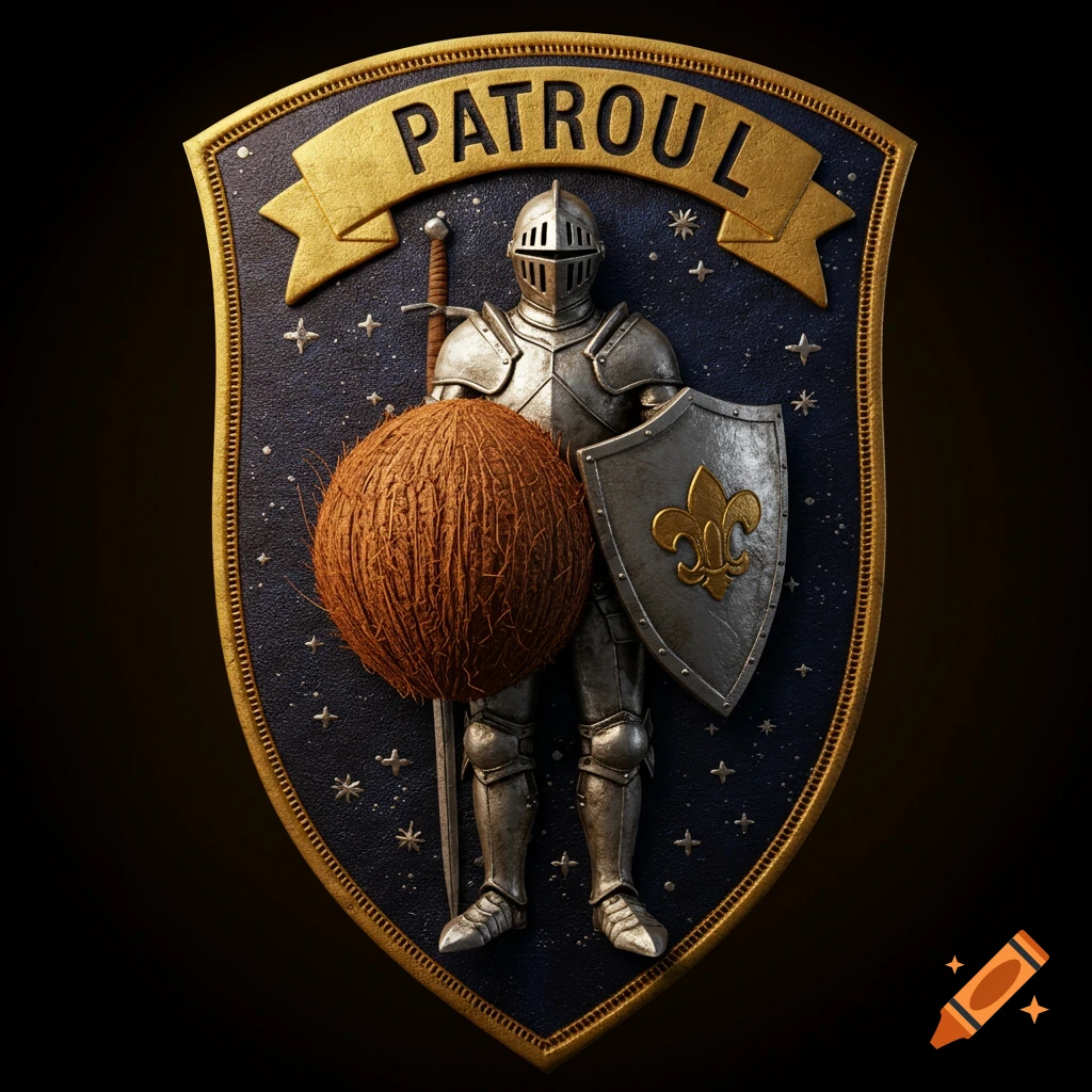 A badge featuring a knight in armor holding a shield and a sword, standing behind a coconut. The text 'PATROUL' is above.