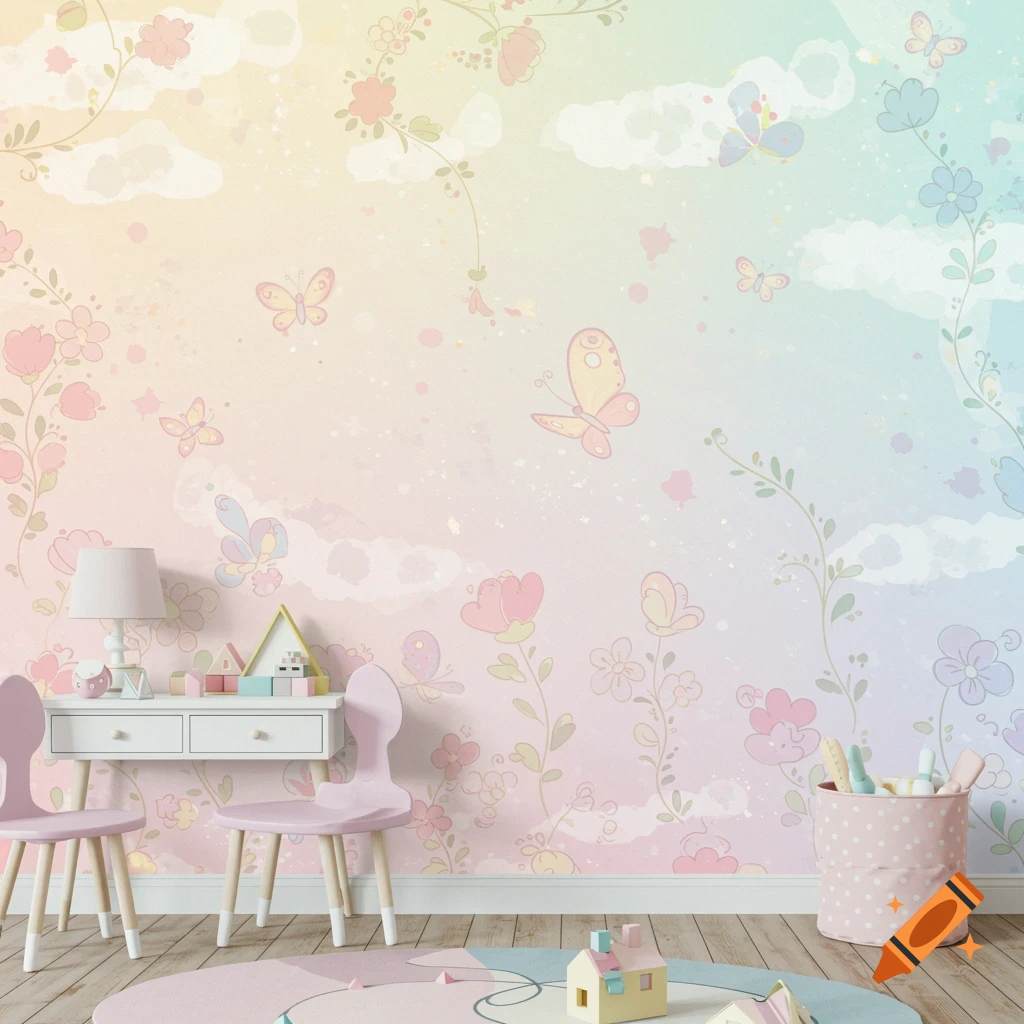 A whimsical child's room with pastel floral and butterfly wallpaper, small chairs, and toys.