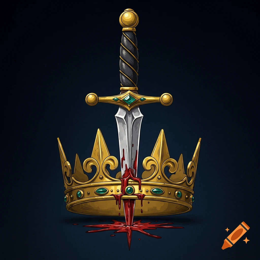 A golden crown pierced by a bloody dagger