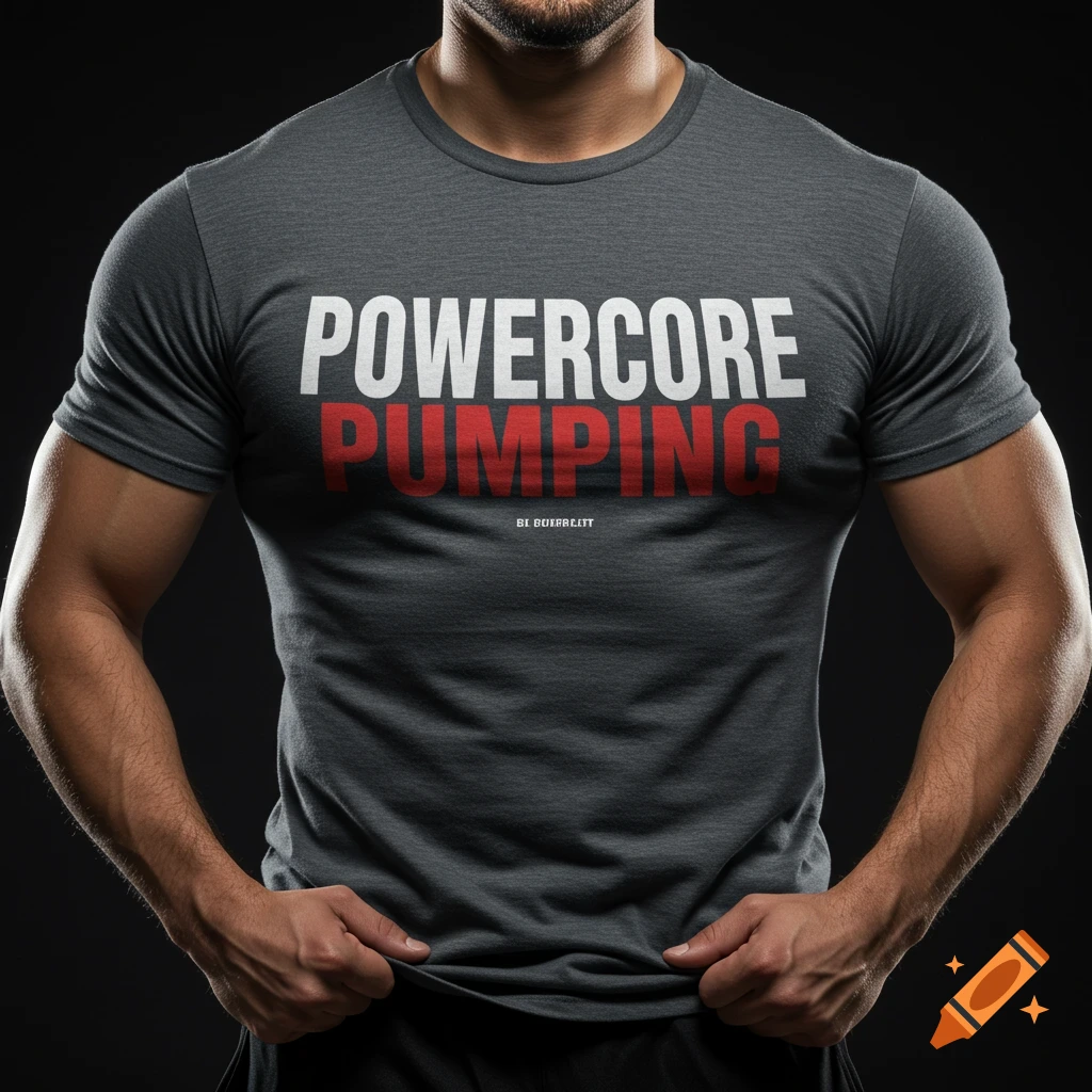 Muscular person wearing a grey t-shirt with 'POWERCORE PUMPING' text