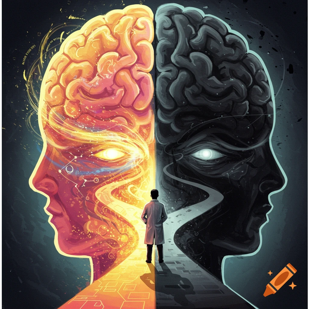 A split head/brain, one side bright and glowing, the other dark, with a person in a lab coat looking at the path between them.