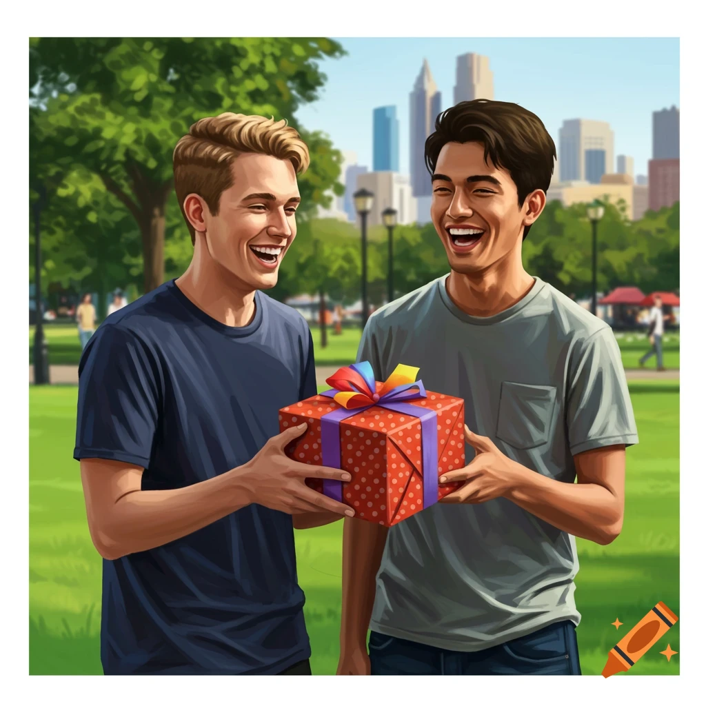 Two friends exchanging a gift in a park.