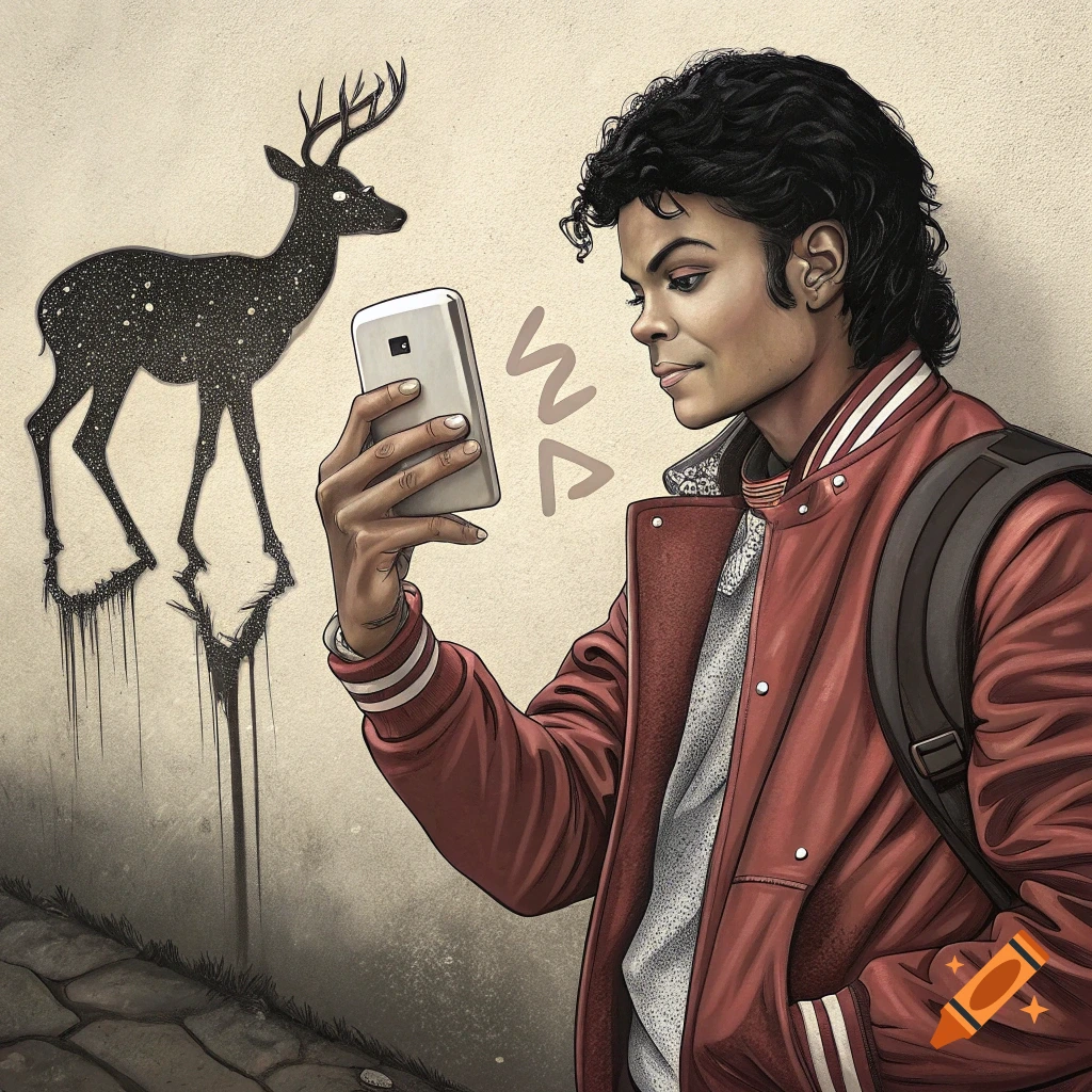 Michael Jackson looking at phone next to spray-painted deer silhouette on wall.