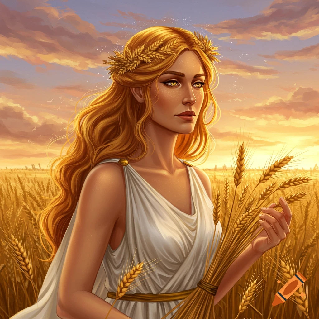 A woman with golden hair and a wheat wreath in a field at sunset.