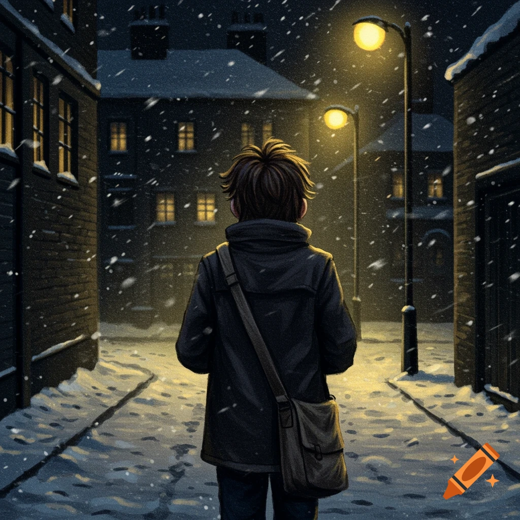 Illustration of a boy from behind walking down a snowy street at night under lamplights.