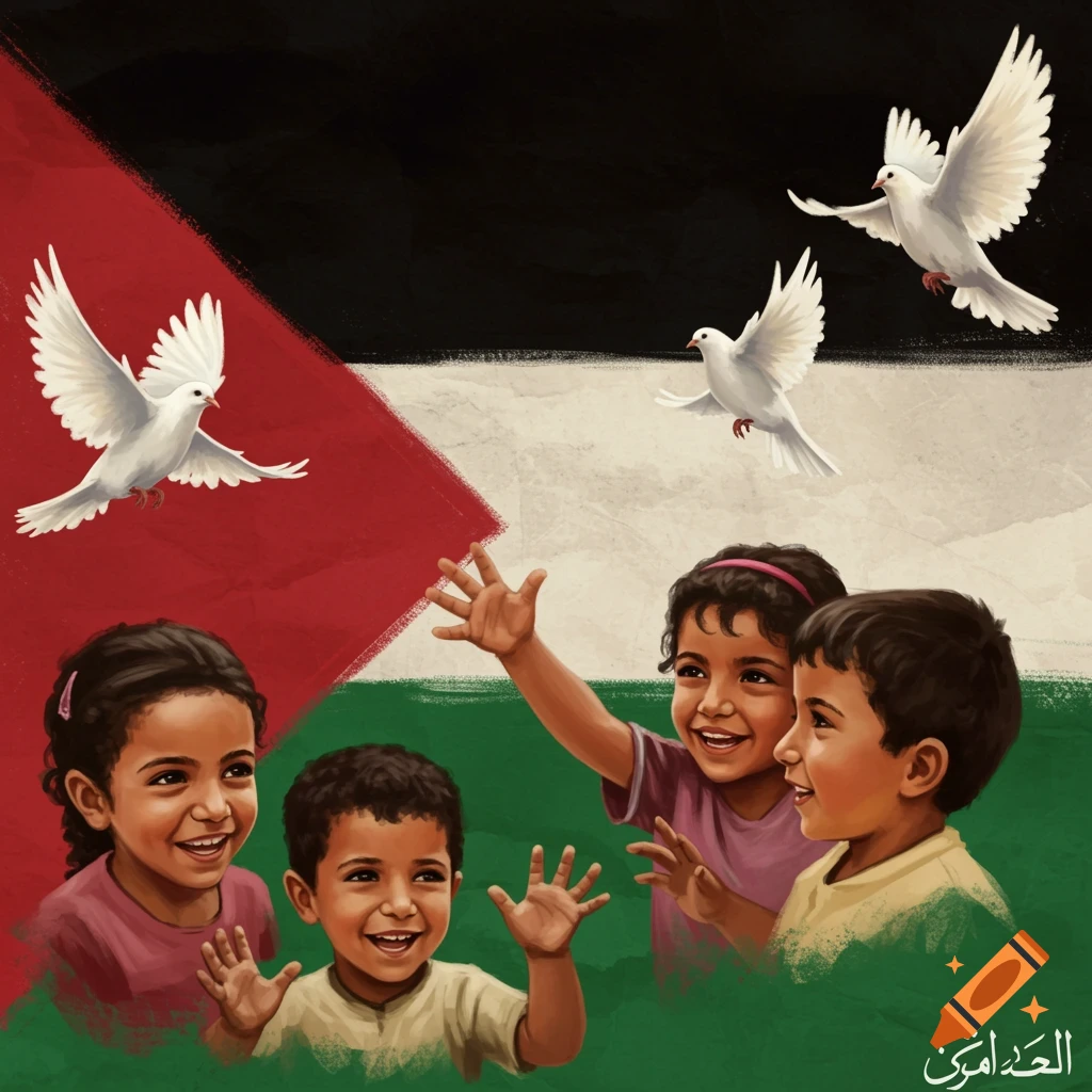 Palestinian children with doves and flag