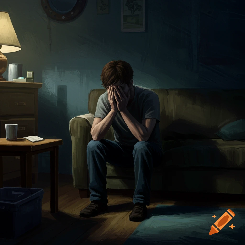 a man sitting on a couch in a dim room, covering his face with hands.