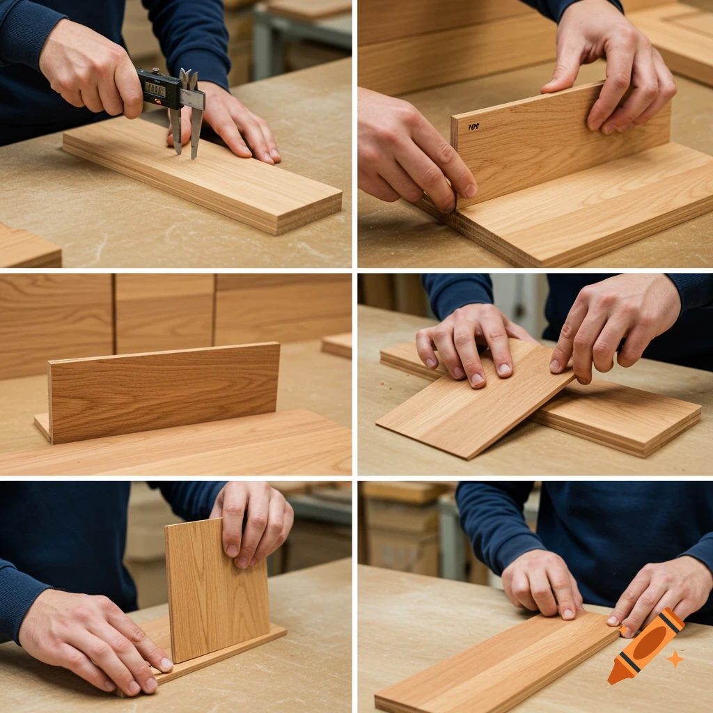 Collage of six photos showing hands measuring and assembling wooden planks in a workshop.