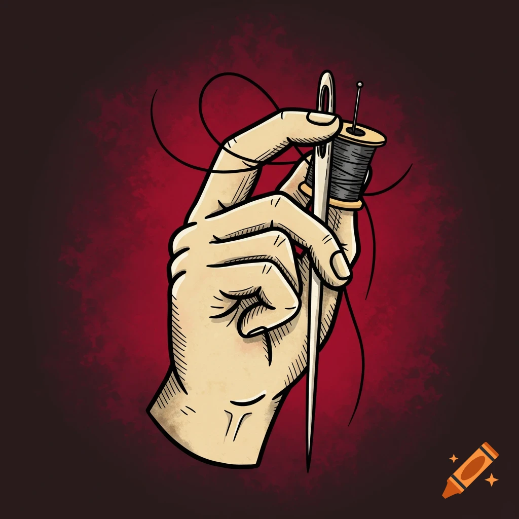 Hand holding needle and thread in traditional tattoo style illustration.