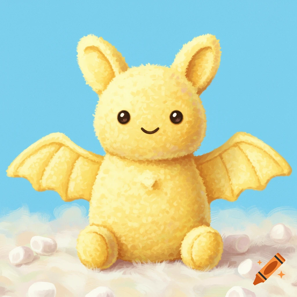 A cute yellow marshmallow plush bat is sitting on a cloud of marshmallows.