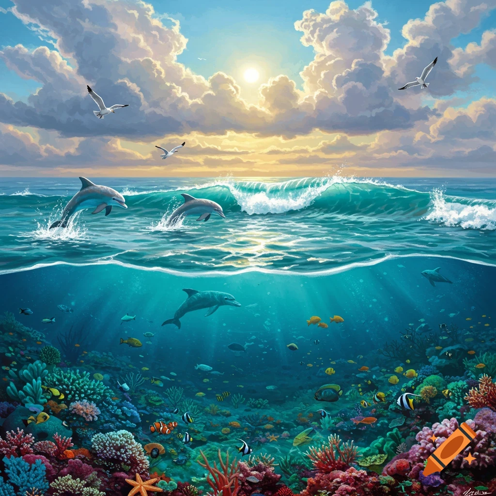 Dolphins leap from a wave over a vibrant coral reef filled with fish, under a cloudy sunset sky.