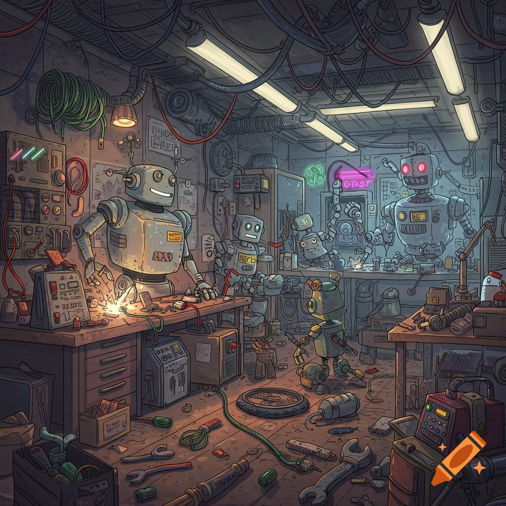 Detailed illustration of robots working in a messy workshop filled with tools and cables.