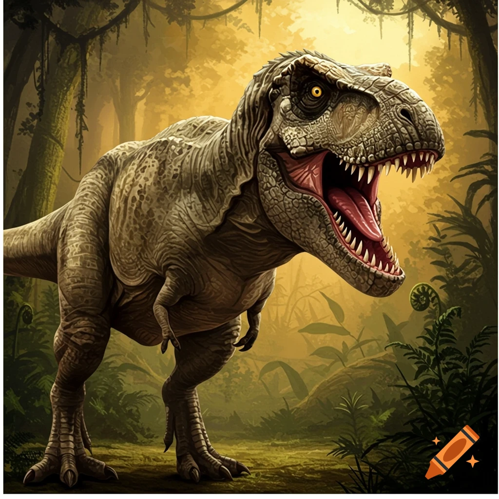 T-Rex roaring in a jungle.