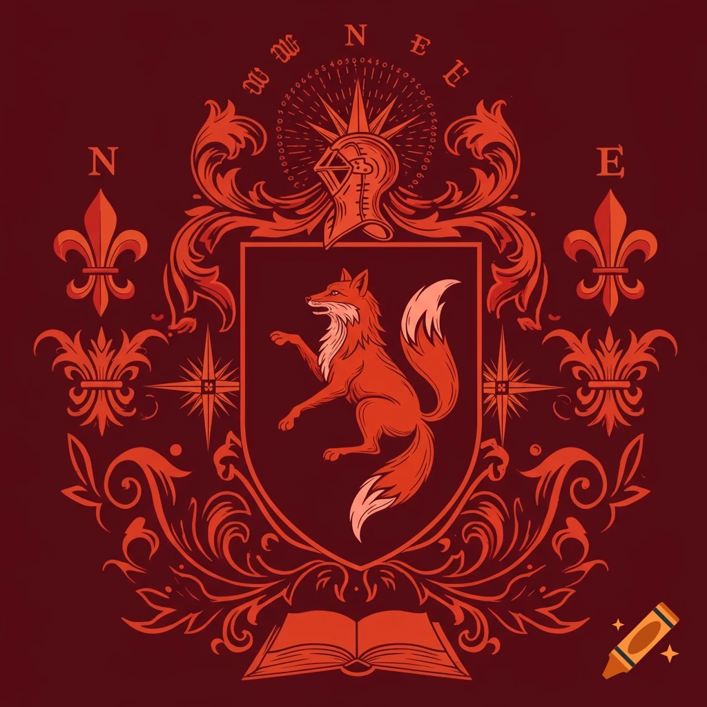 Vector illustration of a red and orange coat of arms with a fox, compass, fleur de lis, and open book.
