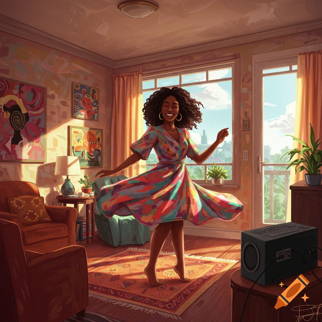 A black woman is dancing joyfully in a sunny, colorful living room