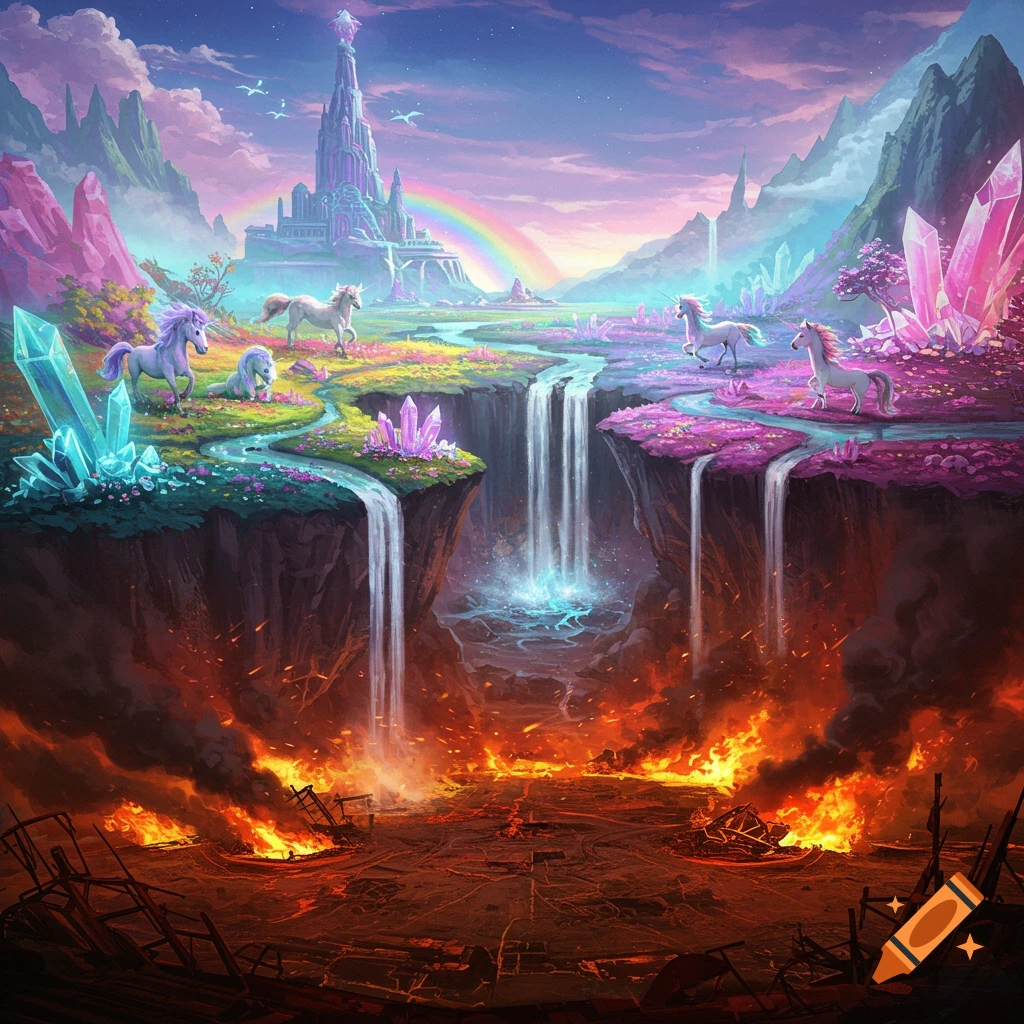 A vibrant unicorn fantasy land with a castle above a burning war-torn landscape.