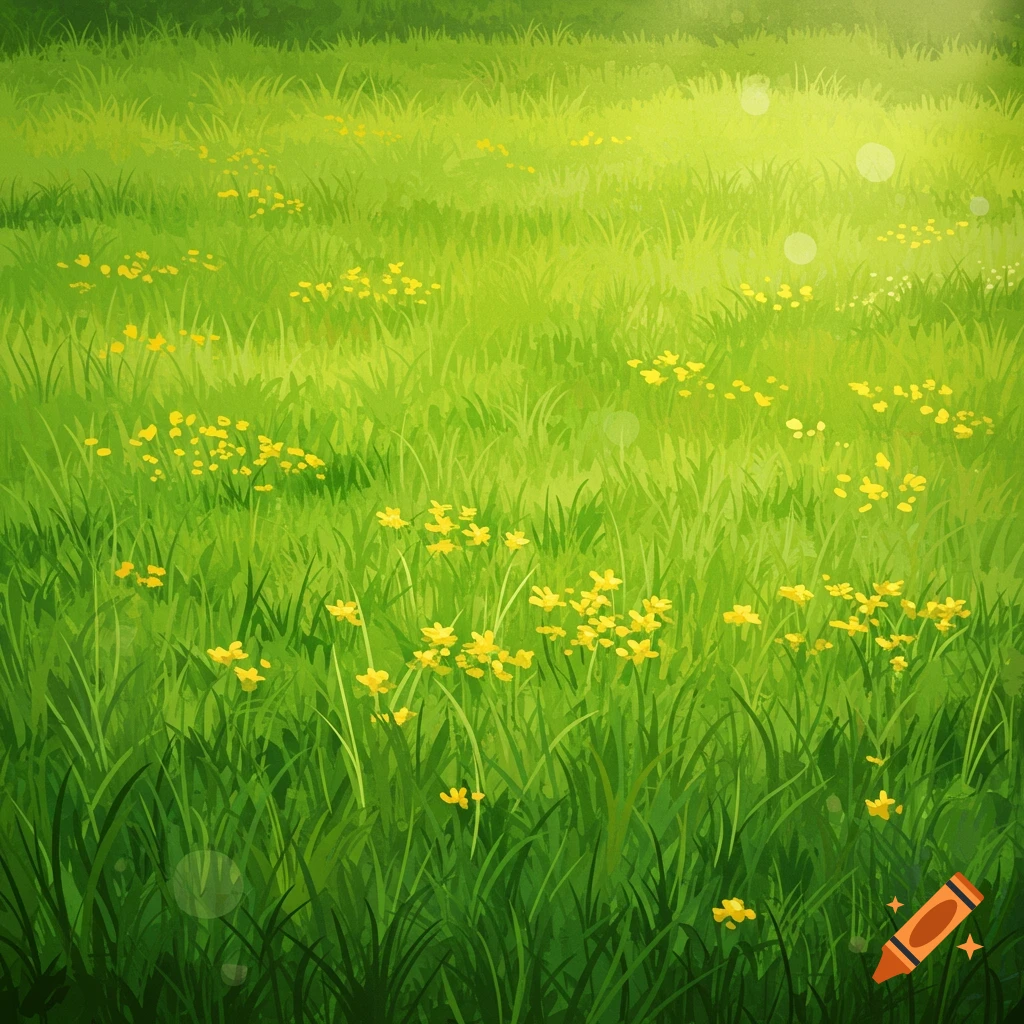 A lush green grassy field with small yellow flowers.