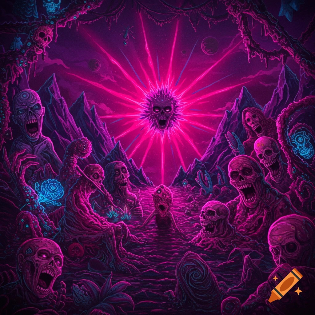 A nightmarish landscape with grotesque screaming figures, skeletons, and distorted bodies under a neon pink sunburst.