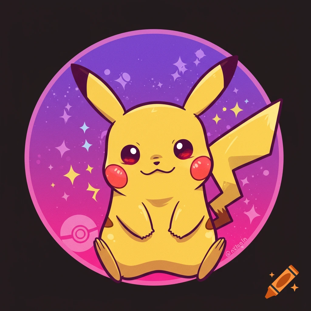 Cartoon Pikachu sitting against a starry purple and pink circle background.
