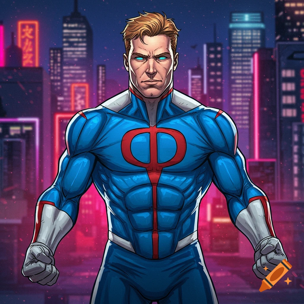 A muscular superhero in a blue, red, and white suit stands in front of a neon-lit city skyline in a comic book style.