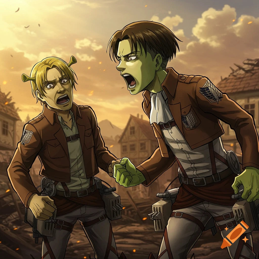 Anime crossover of Attack on Titan and Shrek characters yelling in a ruined town.