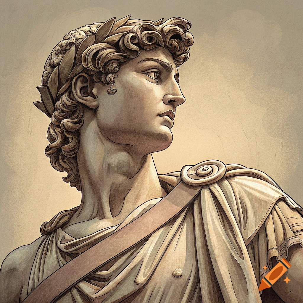 Close-up of a marble bust of a classical figure with a laurel wreath looking left, illustration style.