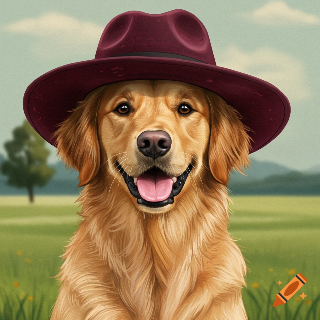 A golden retriever dog wears a maroon hat in a grassy field.
